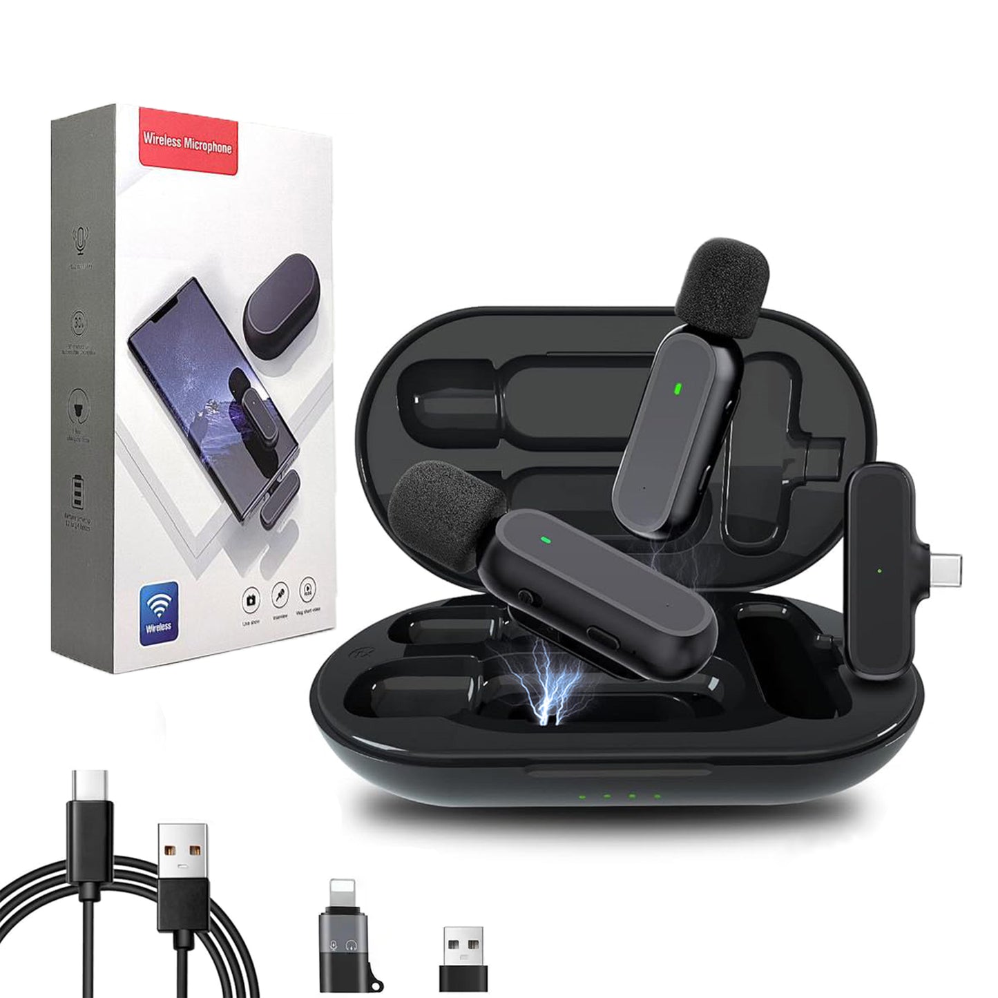Set 2 Microfoane Lavaliera Wireless, Plug and Play, Noise Cancelling, Omnidirectional, Type C, Adaptor Apple si USB, Negru