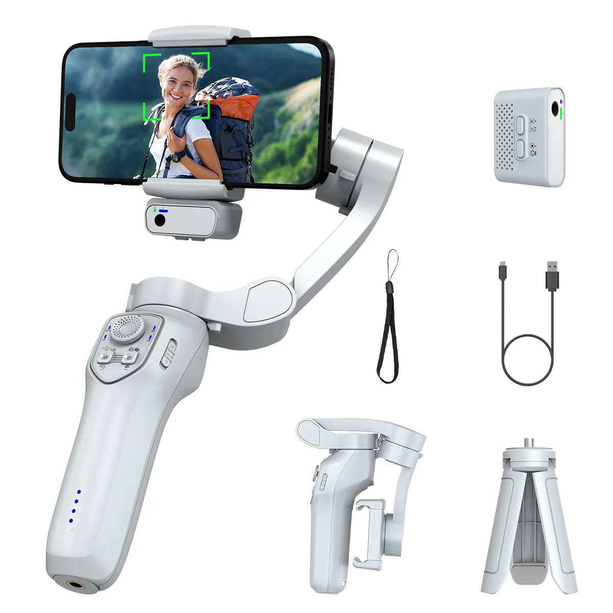 Sistem Stabilizator Imagine Telefon, Control prin Gesturi, Auto Face Tracking, 4 Moduri, Aplicatie (IOS si Android), Gri