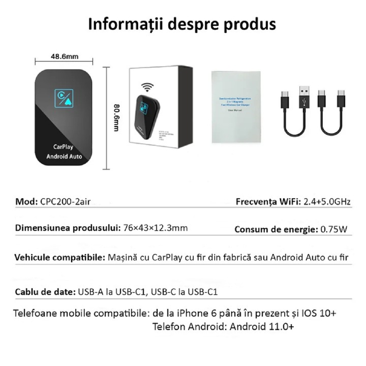 Adaptor Auto Wireless 2 in 1 Apple Carplay & Android Auto, Plug and Play, Bluetooth 5.0, WiFi 2.4/5 GHz, Negru