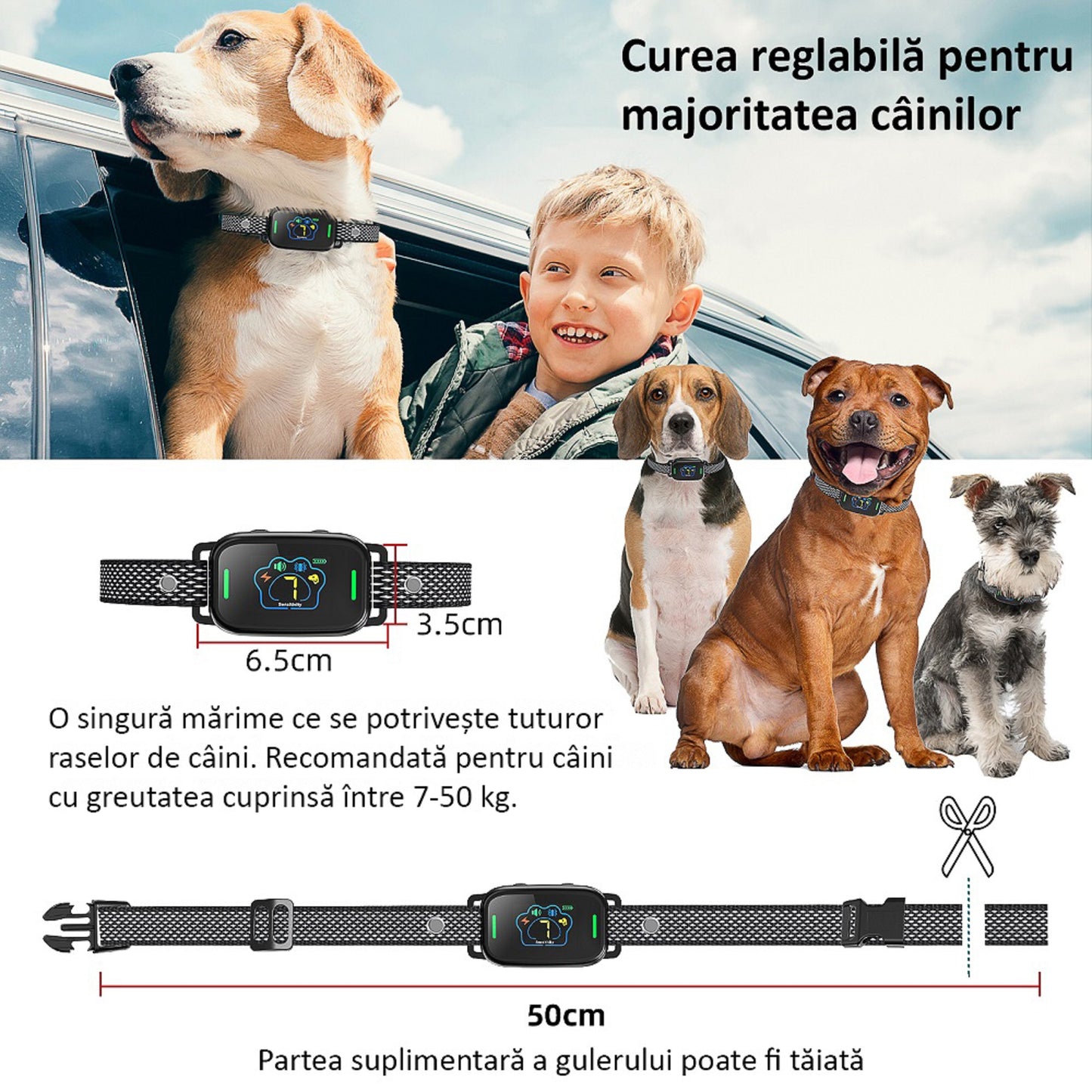Zgarda Antilatrat Profesionala, Ajustabila, Electrica, Display, 5 Moduri de Lucru, 7 Nivele, Waterproof, Negru