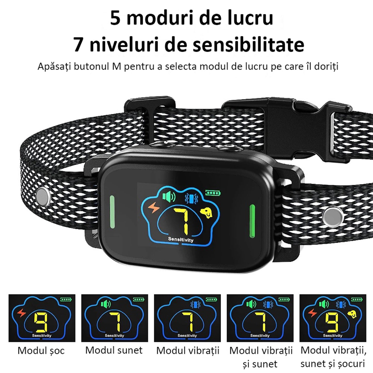 Zgarda Antilatrat Profesionala, Ajustabila, Electrica, Display, 5 Moduri de Lucru, 7 Nivele, Waterproof, Negru