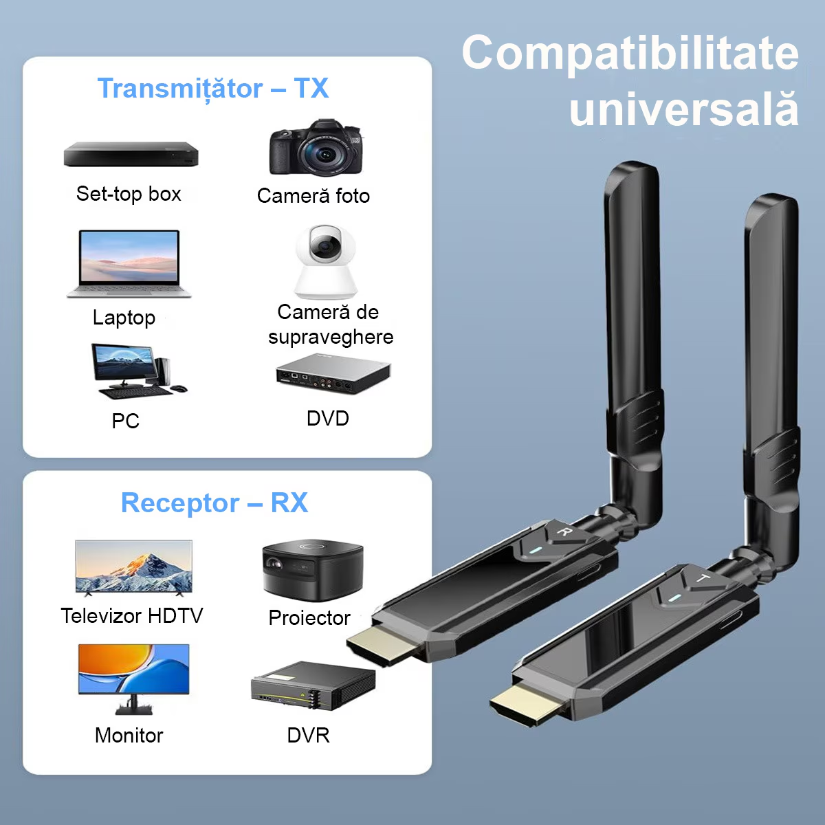 Kit Extensie HDMI Wireless 400m, TX si RX Full HD 1080P 60Hz, Plug & Play, Dual Band 2.4G/5G, cu 2 Adaptoare, pentru Streaming Audio/Video, Negru
