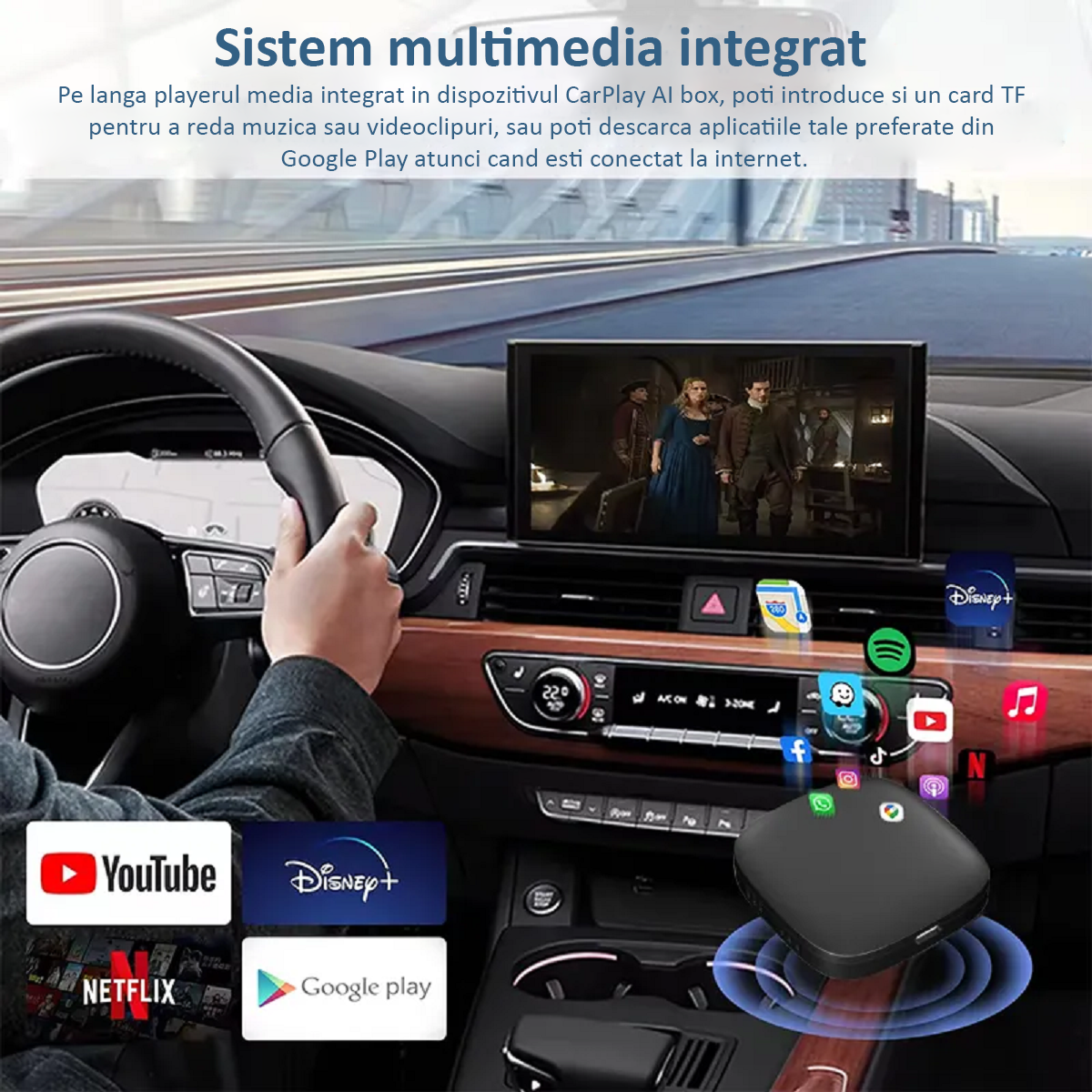 Adaptor Auto Wireless 3 in 1 Apple Carplay si Android Auto, cu Netflix, YouTube, Google Store, Wi-Fi 6 2.4 GHz + 5 GHz, 32GB, sistem ANDROID 10, Negru
