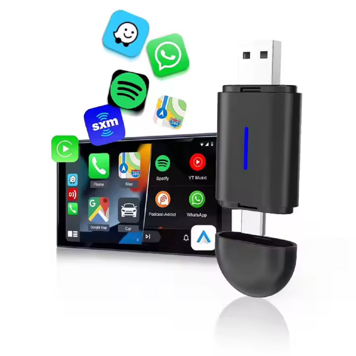Adaptor Wireless 2 in 1 CarPlay si Android Auto, USB Type-C, Transforma Conexiunea Cablata in Wireless, Compatibil cu Apple CarPlay si Android Auto
