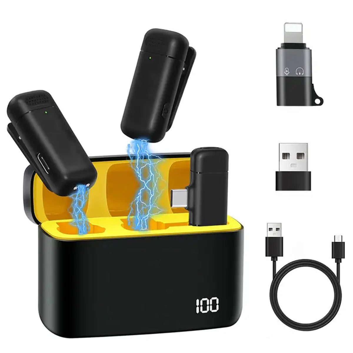 Set 2 Microfoane Lavaliera Wireless, Plug and Play, Voce Clara, Noise cancelling Activ, Omnidirectional, Type C, Adaptor Apple si USB, Negru/Galben