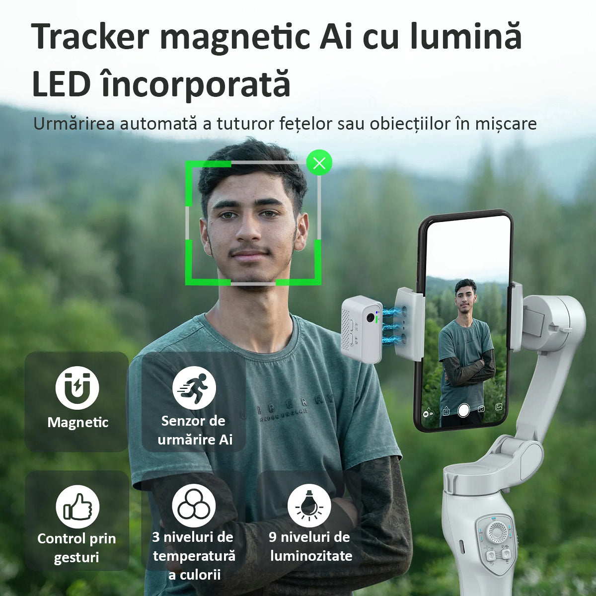 Sistem Stabilizator Imagine Telefon, Control prin Gesturi, Auto Face Tracking, 4 Moduri, Aplicatie (IOS si Android), Gri