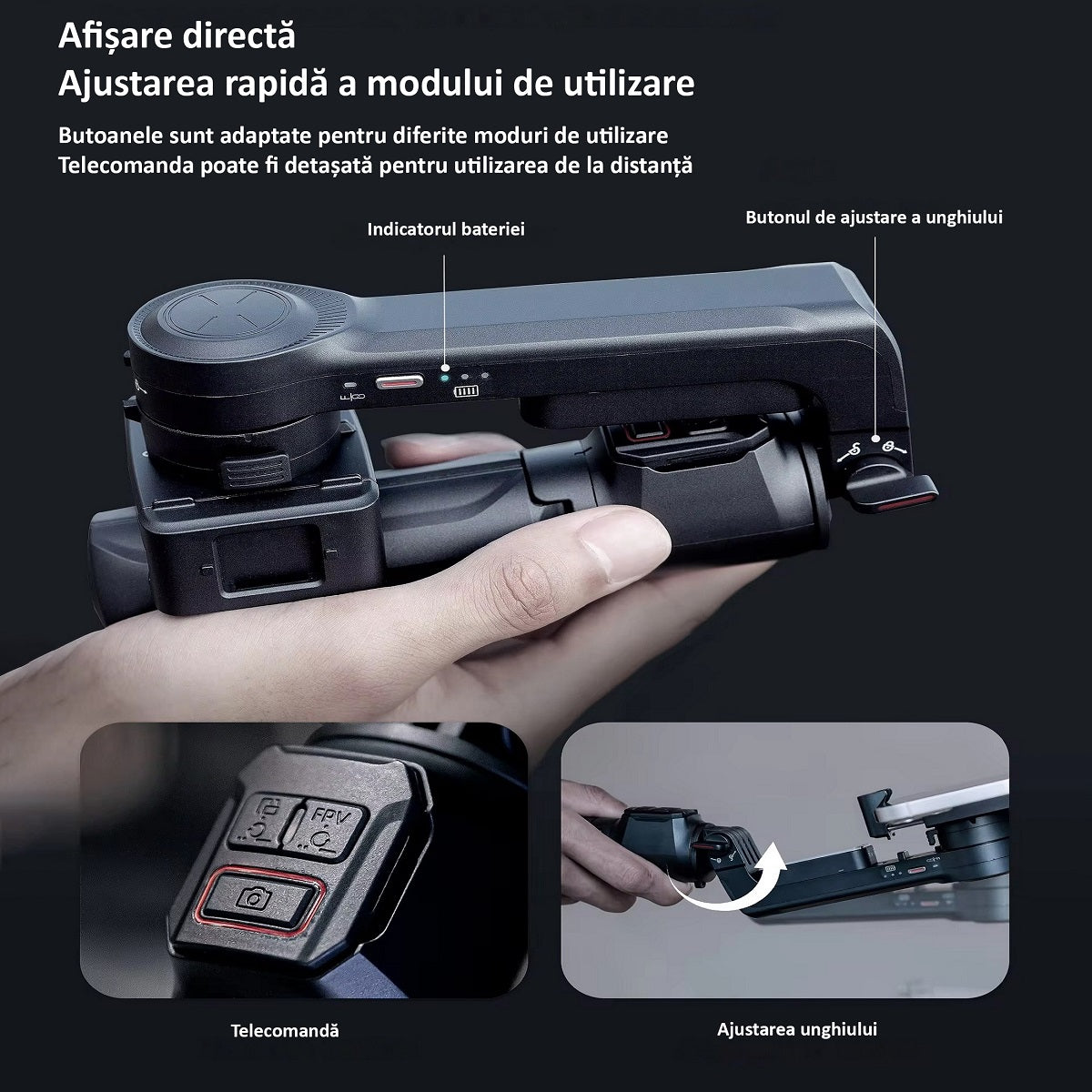 Sistem Stabilizator Imagine pentru Telefon, Gimbal 2 Axe, Bluetooth, Anti-shake, Unghi Reglabil, Brat Extensibil 39.6 cm