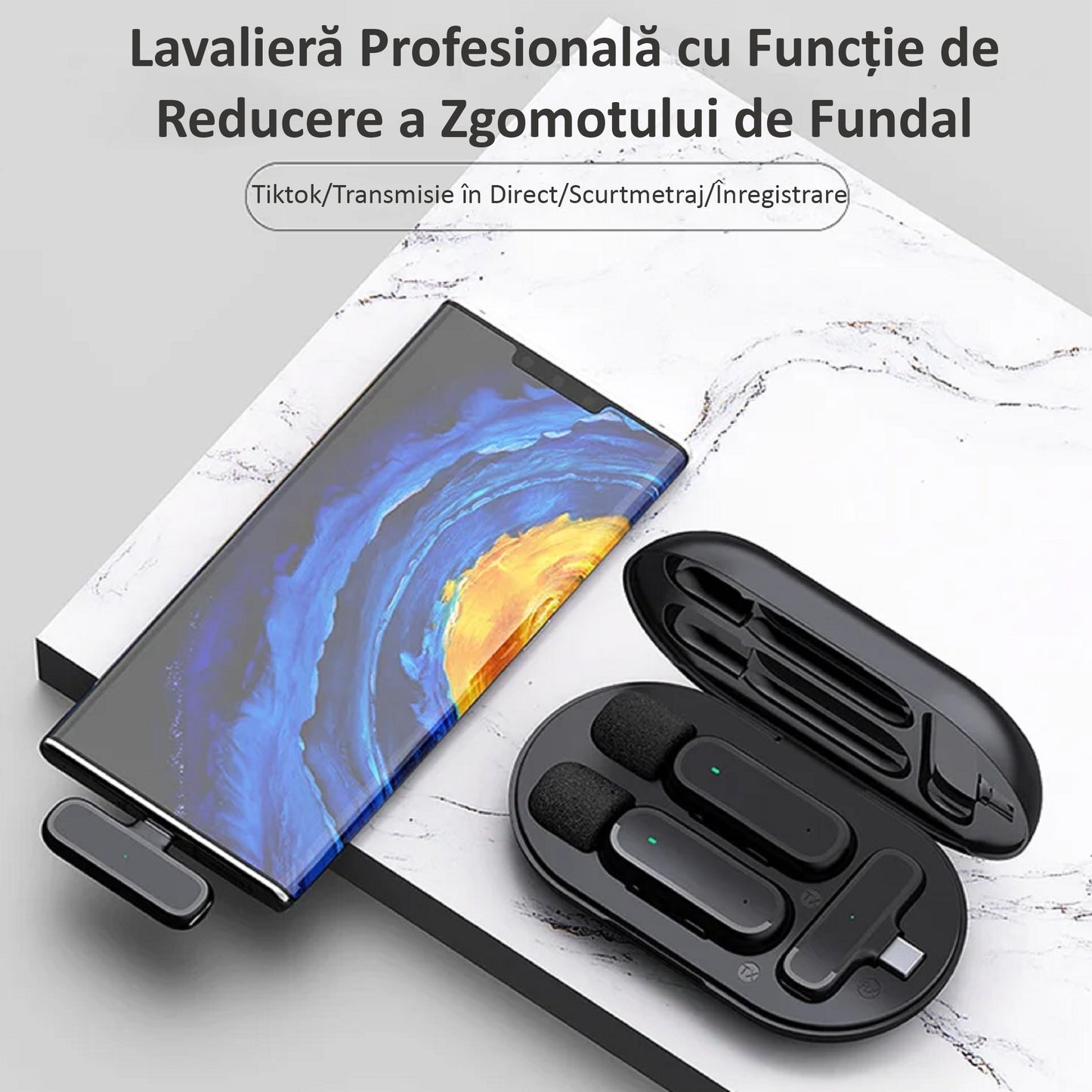 Set 2 Microfoane Lavaliera Wireless, Plug and Play, Noise Cancelling, Omnidirectional, Type C, Adaptor Apple si USB, Negru