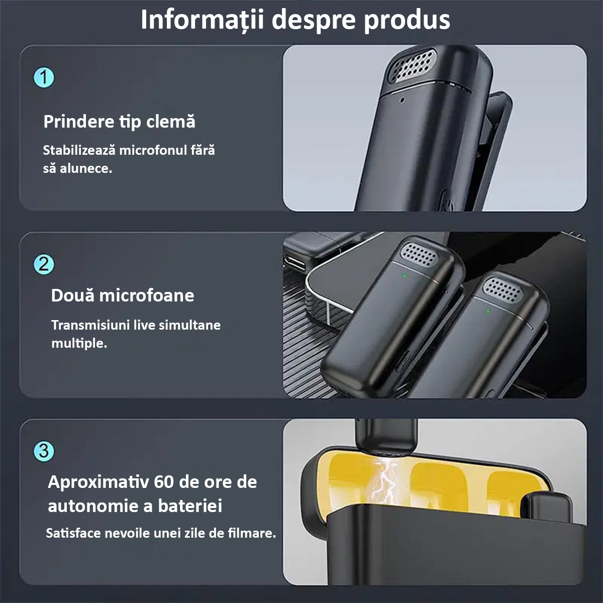 Set 2 Microfoane Lavaliera Wireless, Plug and Play, Voce Clara, Noise cancelling Activ, Omnidirectional, Type C, Adaptor Apple si USB, Negru/Galben