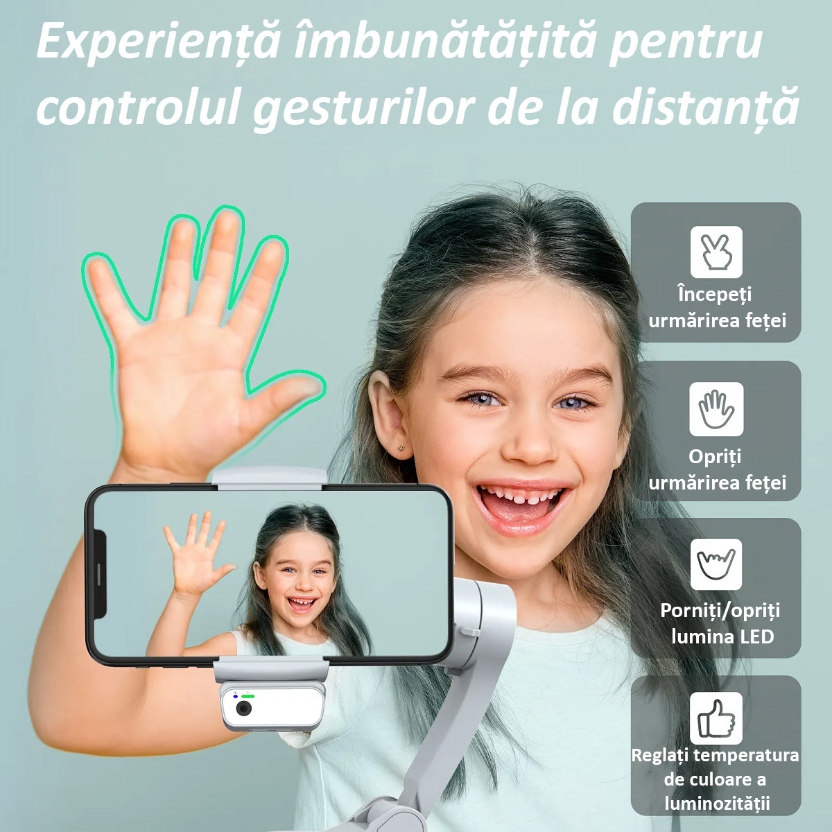 Sistem Stabilizator Imagine Telefon, Control prin Gesturi, Auto Face Tracking, 4 Moduri, Aplicatie (IOS si Android), Gri