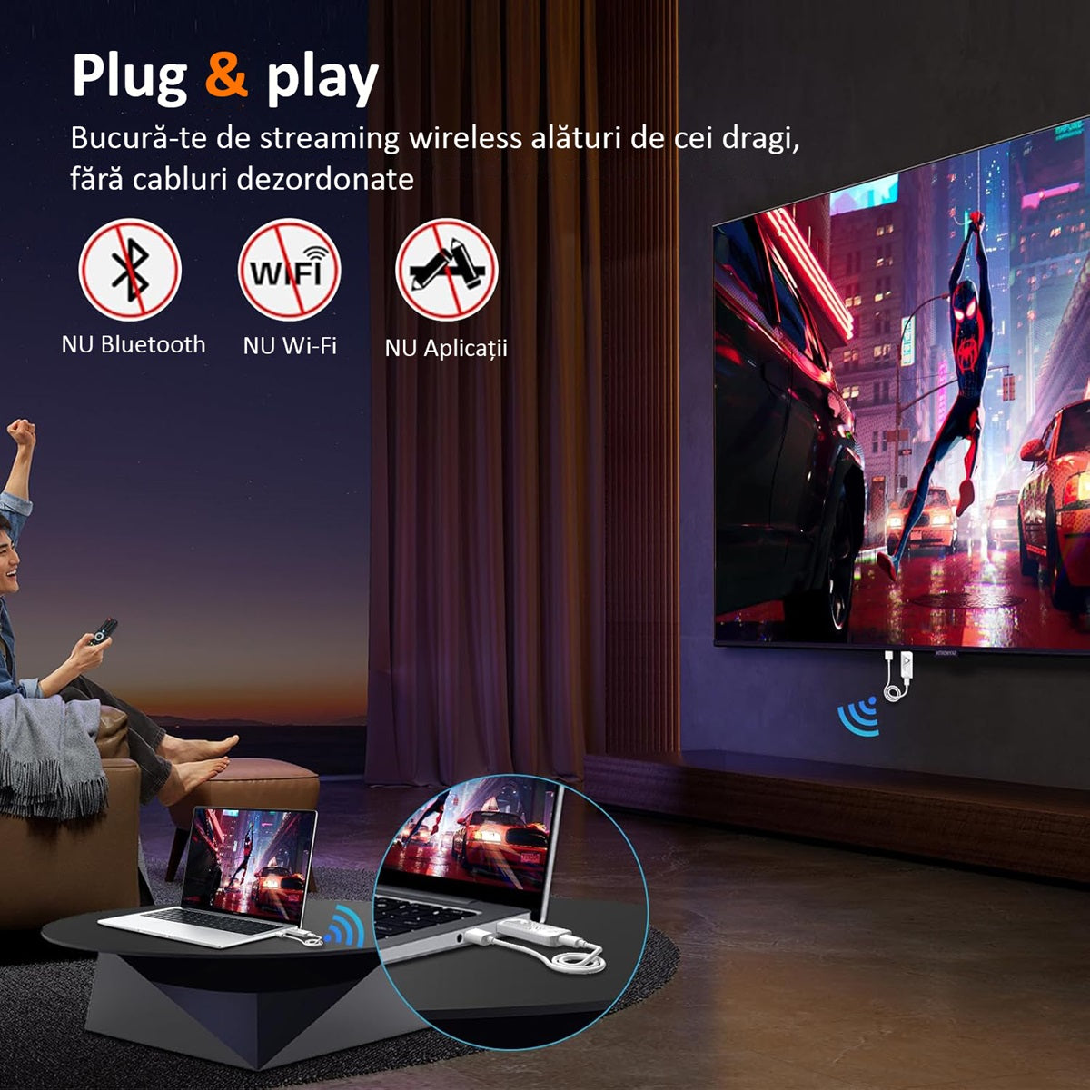 Kit TX/RX HDMI de Oglindire a Ecranului, Full HD 1080P 60Hz, Wireless 30 m, Frecventa de 2.4/5 GHz, Plug and Play, Alb