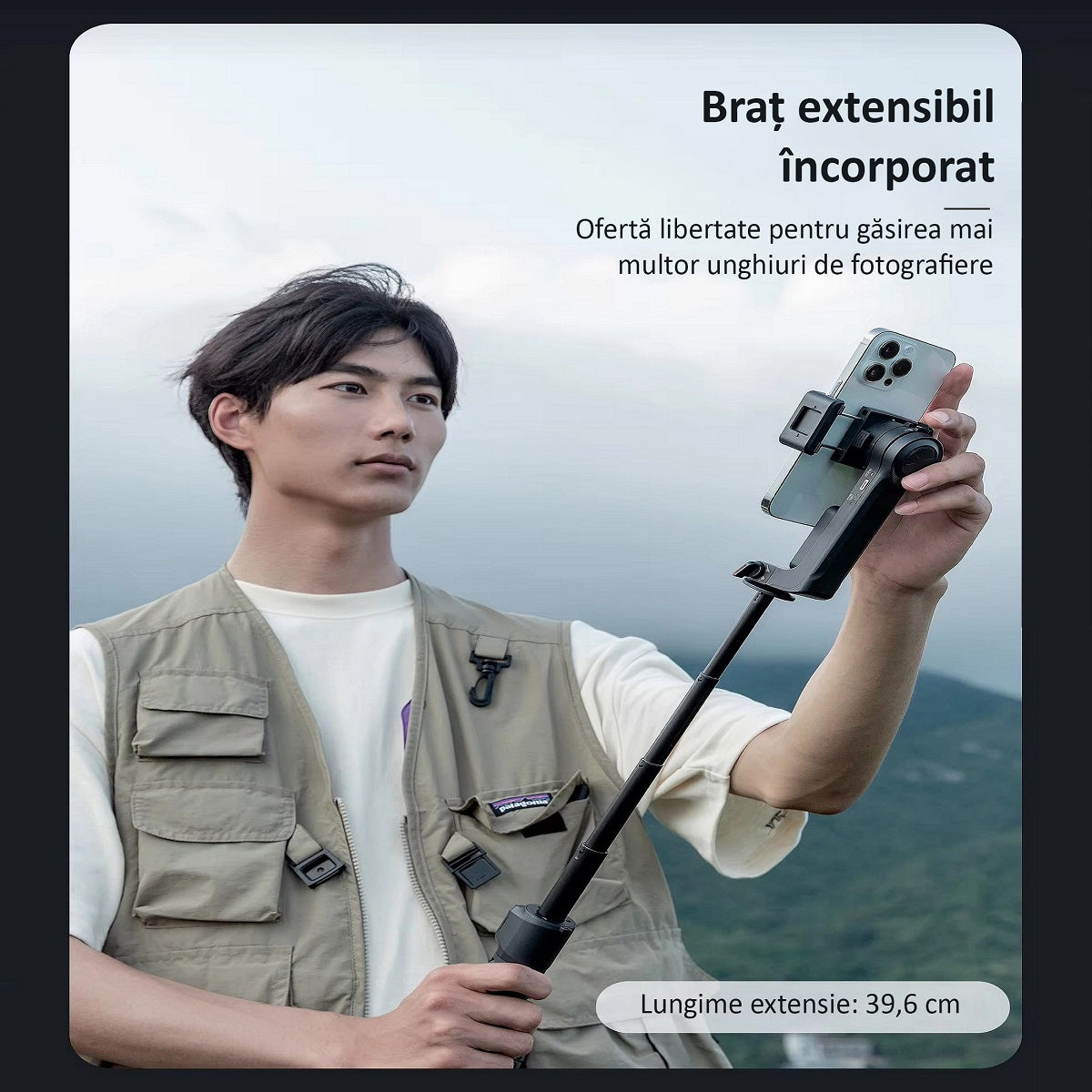 Sistem Stabilizator Imagine pentru Telefon, Gimbal 2 Axe, Bluetooth, Anti-shake, Unghi Reglabil, Brat Extensibil 39.6 cm