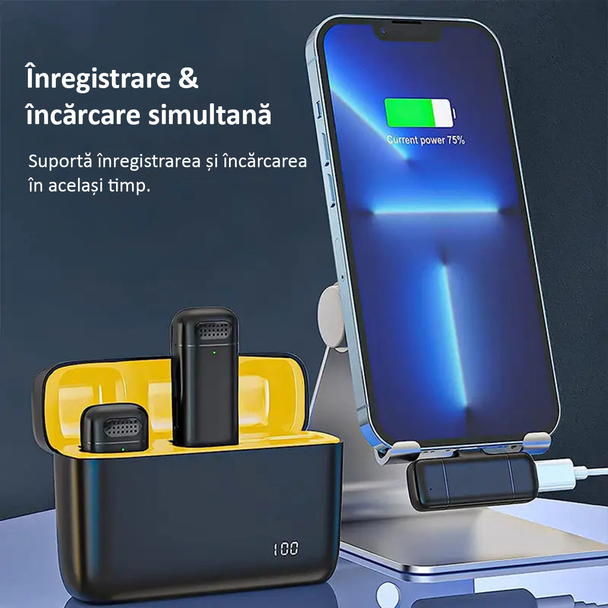 Set 2 Microfoane Lavaliera Wireless, Plug and Play, Voce Clara, Noise cancelling Activ, Omnidirectional, Type C, Adaptor Apple si USB, Negru/Galben