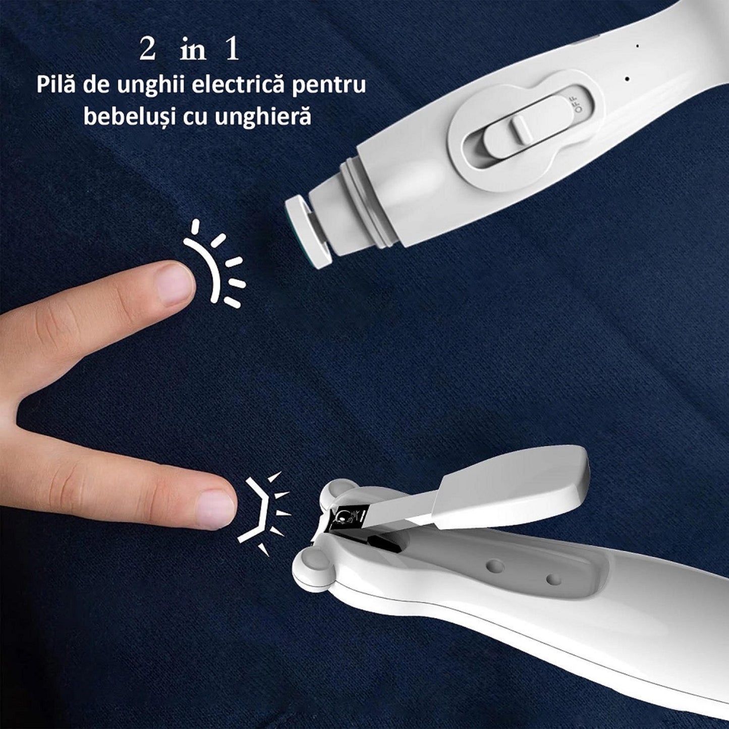 Pila de Unghii Profesionala pentru Bebelusi, Electrica, cu Unghiera, 6 Capete Incluse, Lumina LED, Incarcare USB, Alba