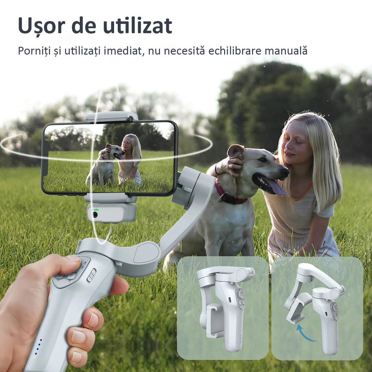 Sistem Stabilizator Imagine Telefon, Control prin Gesturi, Auto Face Tracking, 4 Moduri, Aplicatie (IOS si Android), Gri