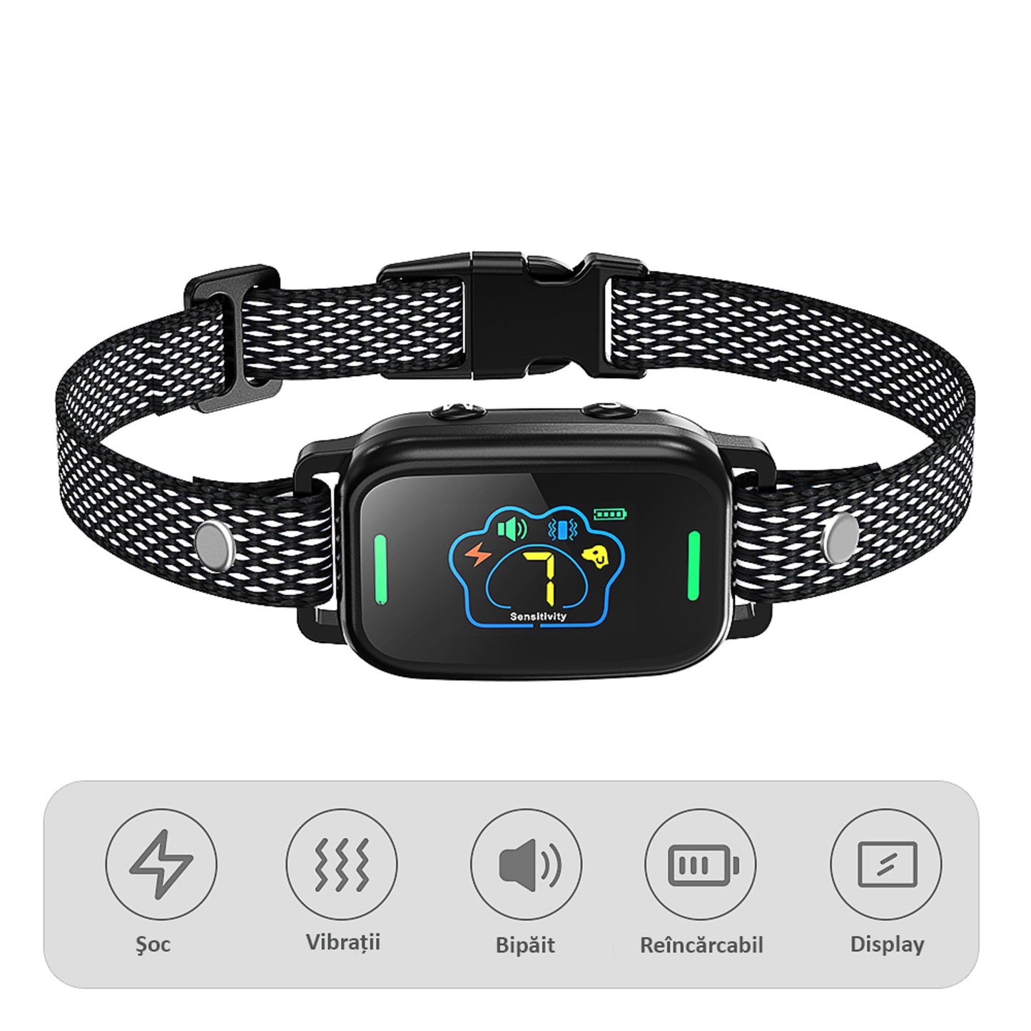 Zgarda Antilatrat Profesionala, Ajustabila, Electrica, Display, 5 Moduri de Lucru, 7 Nivele, Waterproof, Negru