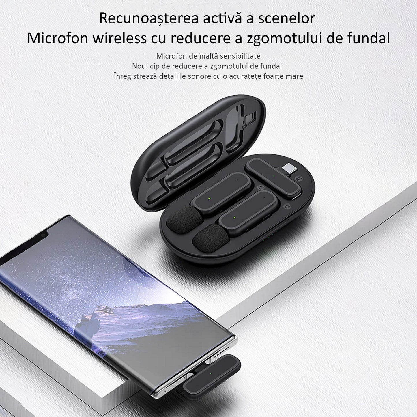 Set 2 Microfoane Lavaliera Wireless, Plug and Play, Noise Cancelling, Omnidirectional, Type C, Adaptor Apple si USB, Negru