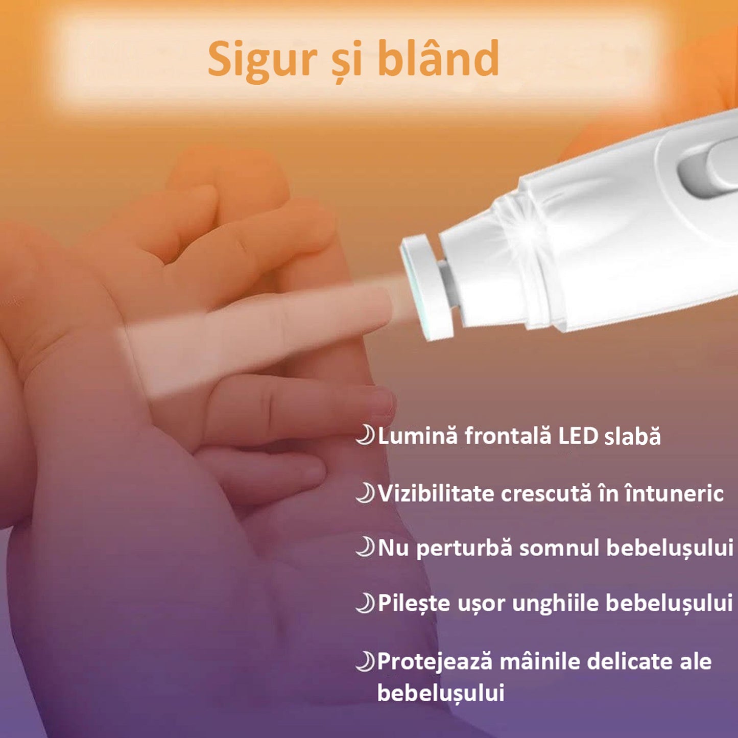 Pila de Unghii Profesionala pentru Bebelusi, Electrica, cu Unghiera, 6 Capete Incluse, Lumina LED, Incarcare USB, Alba