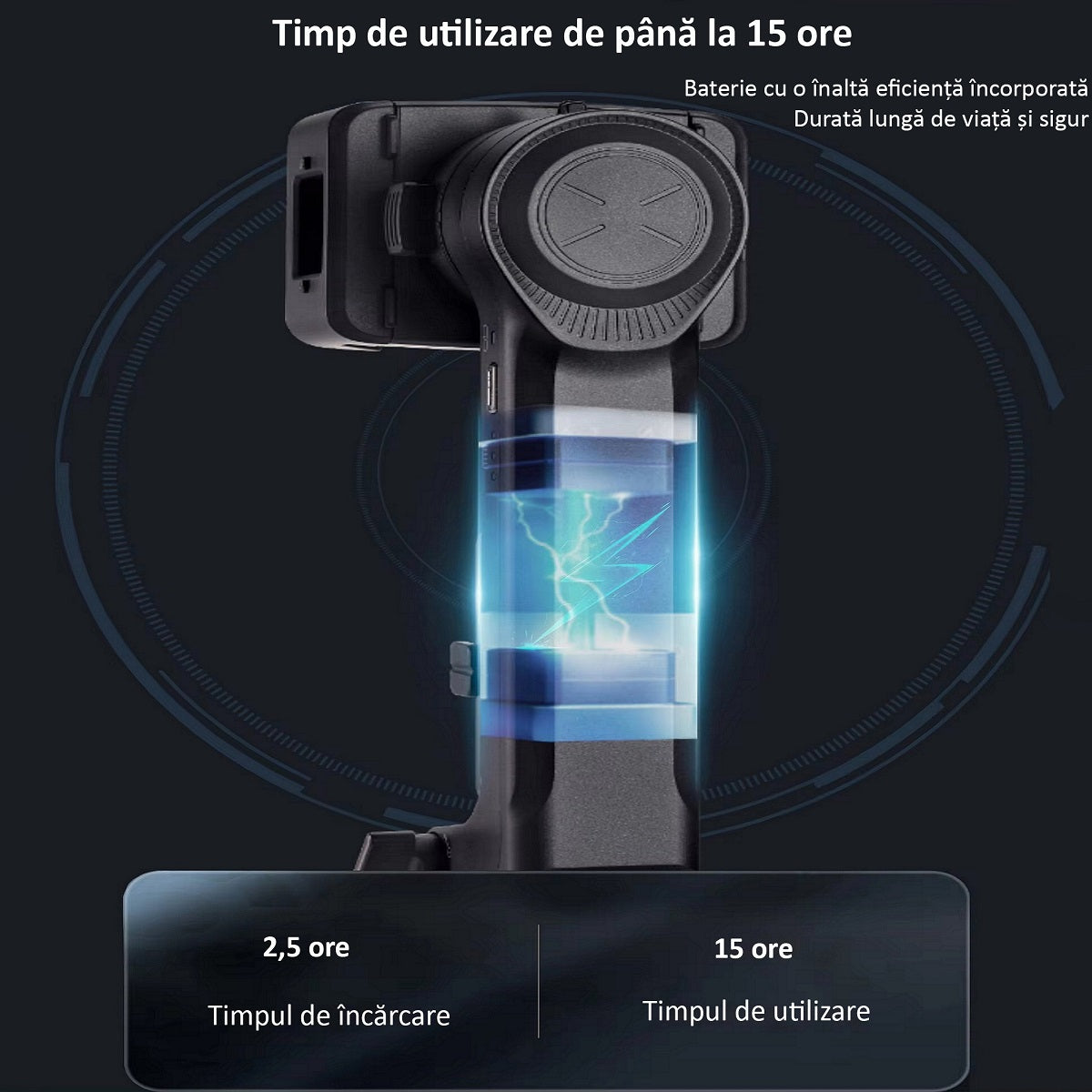 Sistem Stabilizator Imagine pentru Telefon, Gimbal 2 Axe, Bluetooth, Anti-shake, Unghi Reglabil, Brat Extensibil 39.6 cm