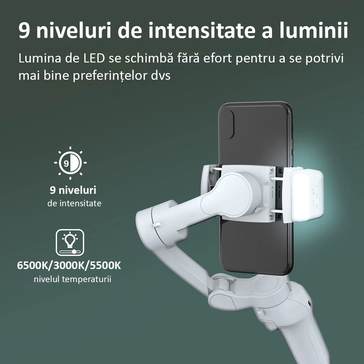 Sistem Stabilizator Imagine Telefon, Control prin Gesturi, Auto Face Tracking, 4 Moduri, Aplicatie (IOS si Android), Gri