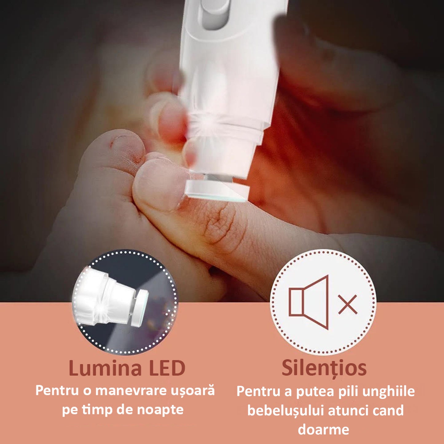 Pila de Unghii Profesionala pentru Bebelusi, Electrica, cu Unghiera, 6 Capete Incluse, Lumina LED, Incarcare USB, Alba