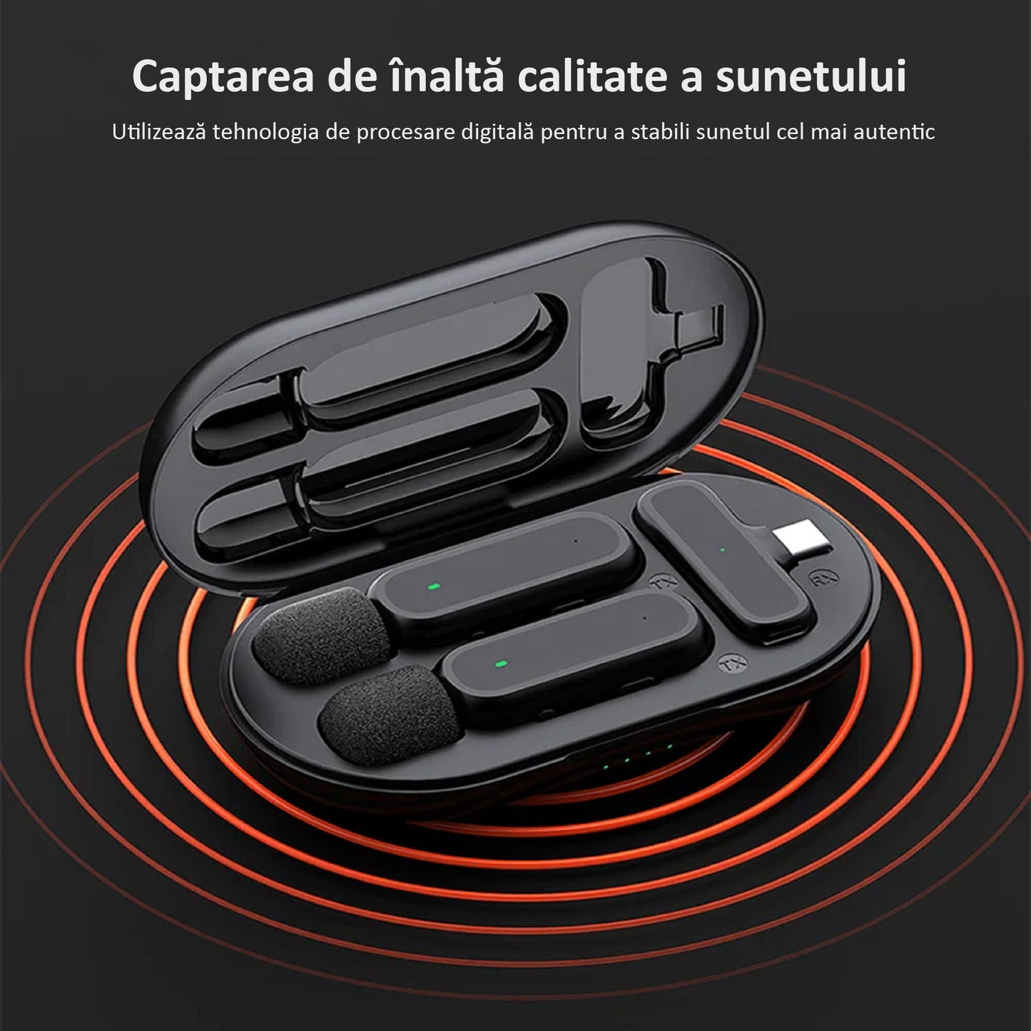 Set 2 Microfoane Lavaliera Wireless, Plug and Play, Noise Cancelling, Omnidirectional, Type C, Adaptor Apple si USB, Negru