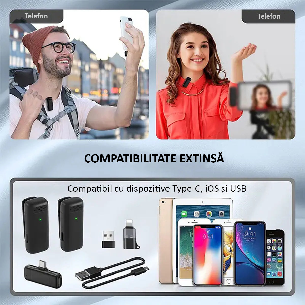 Set 2 Microfoane Lavaliera Wireless, Plug and Play, Voce Clara, Noise cancelling Activ, Omnidirectional, Type C, Adaptor Apple si USB, Negru/Galben