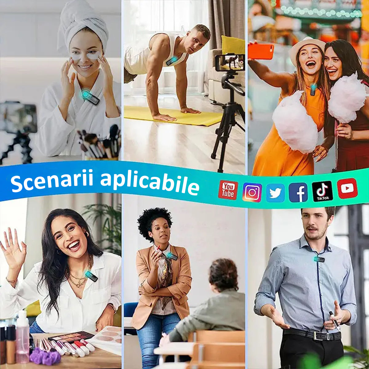 Set 2 Microfoane Lavaliera Wireless, Plug and Play, Voce Clara, Noise cancelling Activ, Omnidirectional, Type C, Adaptor Apple si USB, Negru/Galben