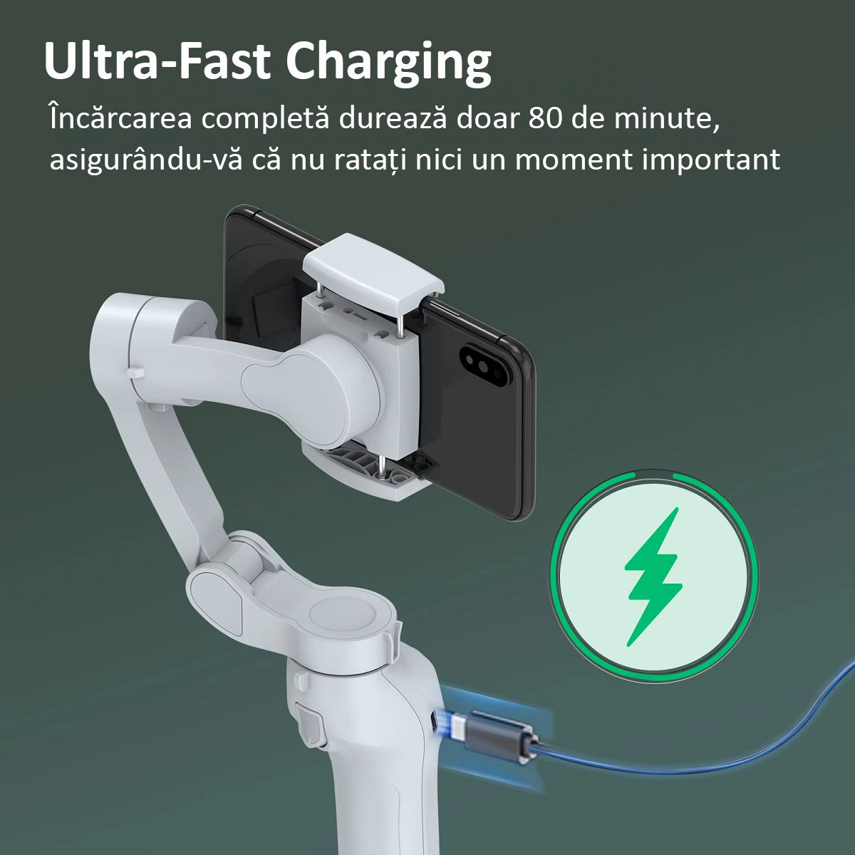 Sistem Stabilizator Imagine Telefon, Control prin Gesturi, Auto Face Tracking, 4 Moduri, Aplicatie (IOS si Android), Gri