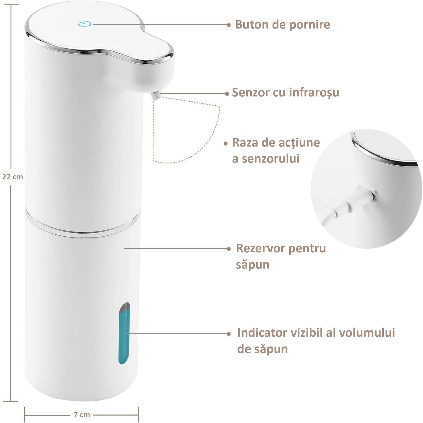 Dozator Profesional Sapun Lichid cu Spuma, 3 Moduri, Senzor Miscare, Waterproof, Suport Perete, 300 ml, Alb