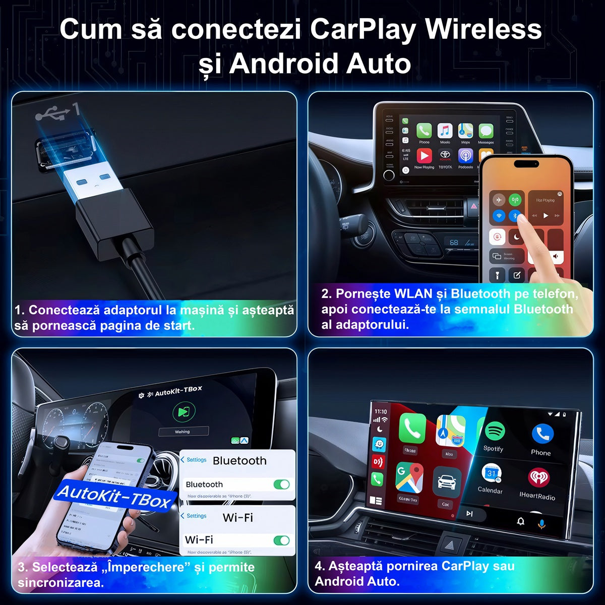 Adaptor Auto Wireless 4 in 1 Apple Carplay si Android Auto ENZIRO®, cu Netflix, YouTube, Google Store, HDMI 4K, 32GB, sistem ANDROID 12, Negru | Gri