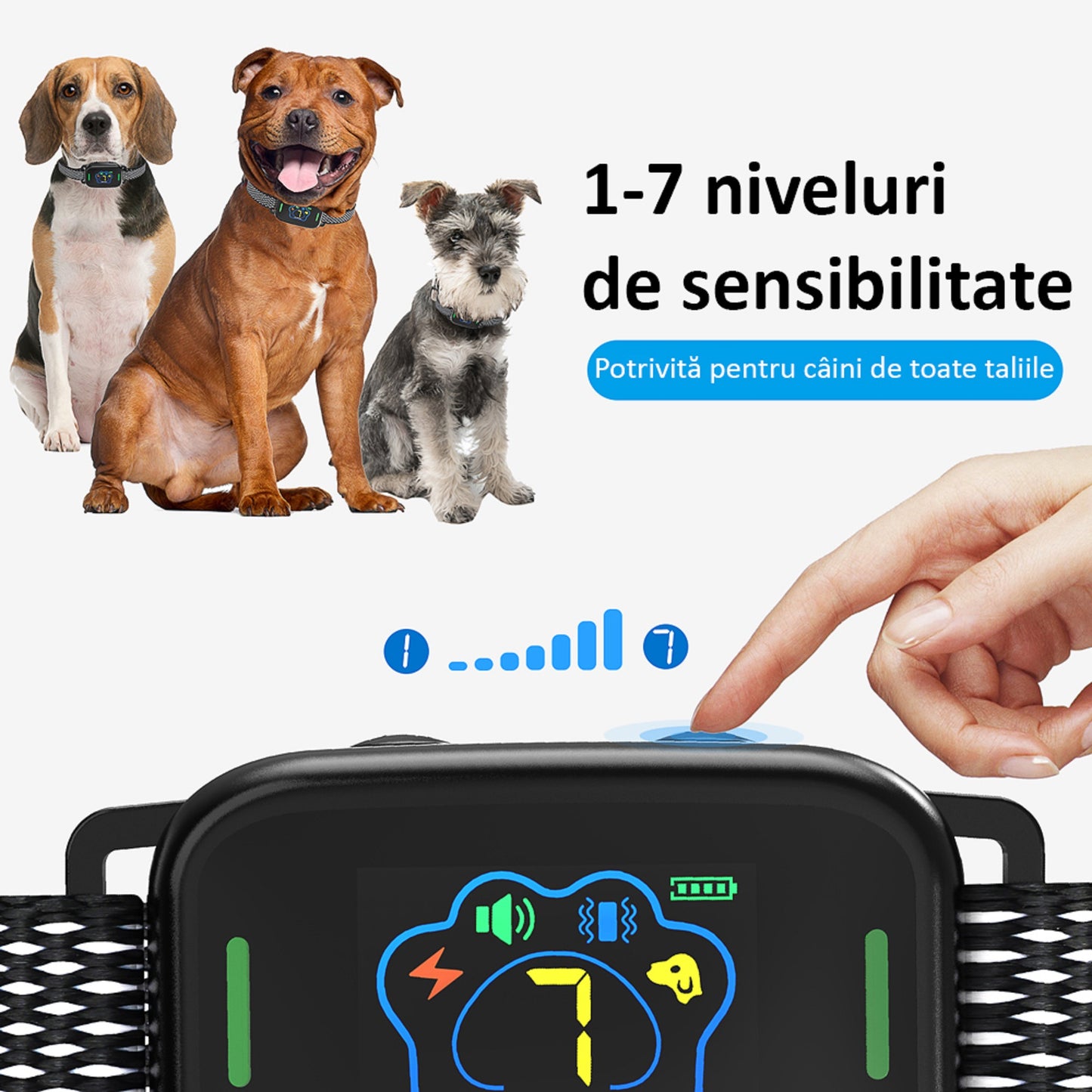Zgarda Antilatrat Profesionala, Ajustabila, Electrica, Display, 5 Moduri de Lucru, 7 Nivele, Waterproof, Negru