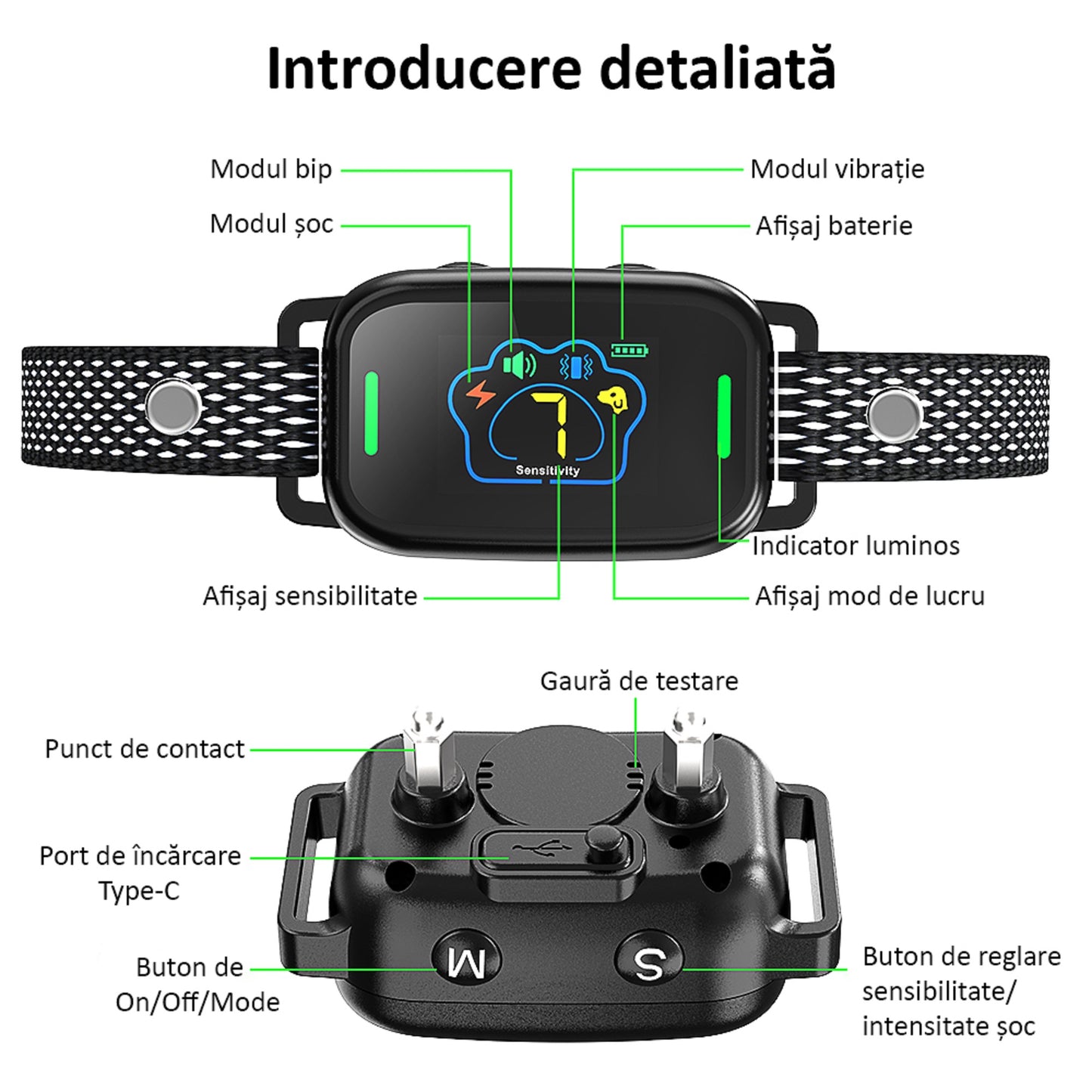 Zgarda Antilatrat Profesionala, Ajustabila, Electrica, Display, 5 Moduri de Lucru, 7 Nivele, Waterproof, Negru