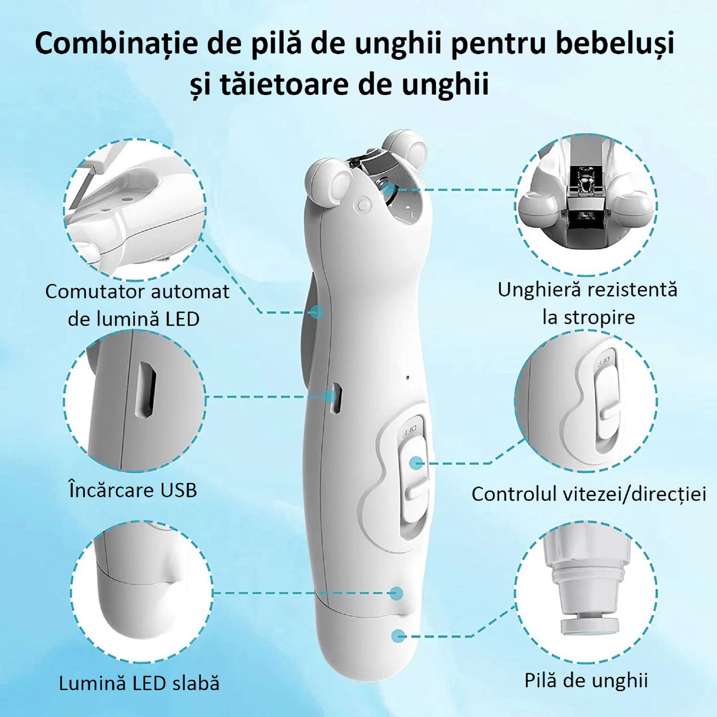 Pila de Unghii Profesionala pentru Bebelusi, Electrica, cu Unghiera, 6 Capete Incluse, Lumina LED, Incarcare USB, Alba