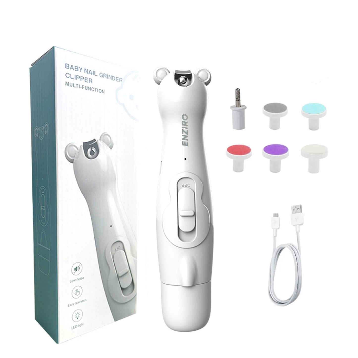 Pila de Unghii Profesionala pentru Bebelusi, Electrica, cu Unghiera, 6 Capete Incluse, Lumina LED, Incarcare USB, Alba