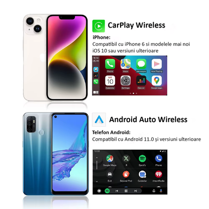 Adaptor Auto Wireless 3 in 1 Apple Carplay si Android Auto, cu Netflix, YouTube, Google Store, Wi-Fi 6 2.4 GHz + 5 GHz, 32GB, sistem ANDROID 10, Negru