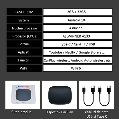 Adaptor Auto Wireless 3 in 1 Apple Carplay si Android Auto, cu Netflix, YouTube, Google Store, Wi-Fi 6 2.4 GHz + 5 GHz, 32GB, sistem ANDROID 10, Negru