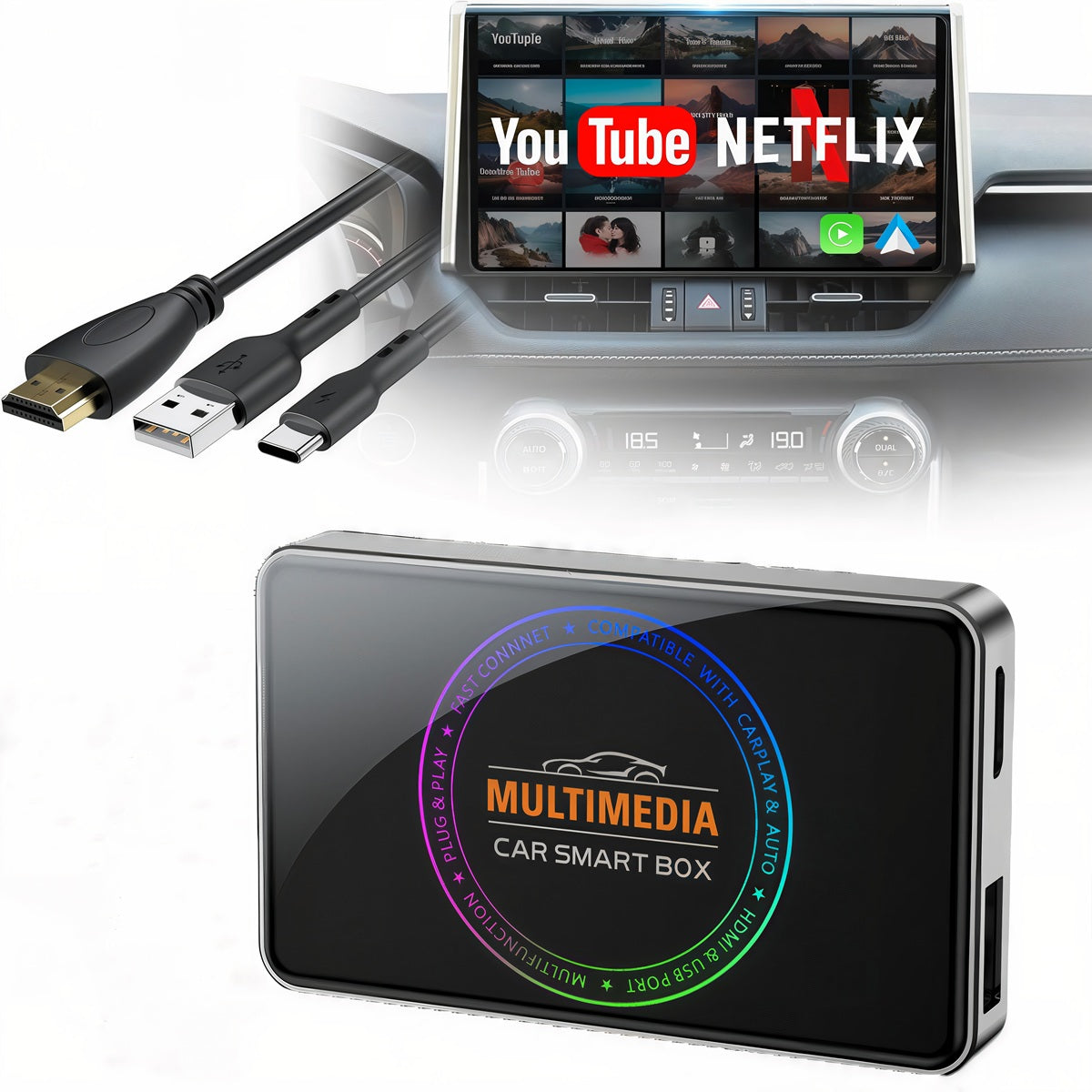 Adaptor Auto Wireless 4 in 1 Apple Carplay si Android Auto ENZIRO®, cu Netflix, YouTube, Google Store, HDMI 4K, 32GB, sistem ANDROID 12, Negru | Gri