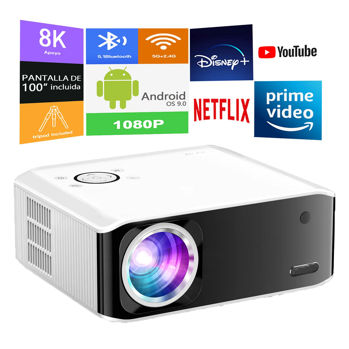 Videoproiector 4k, Auto Focus, Auto Correction, Evitarea Auto a Obstacolelor, Distanta Proiectare 1.7 – 5m, WIFI 6, Bluetooth 5.0, Airplay, Miracast