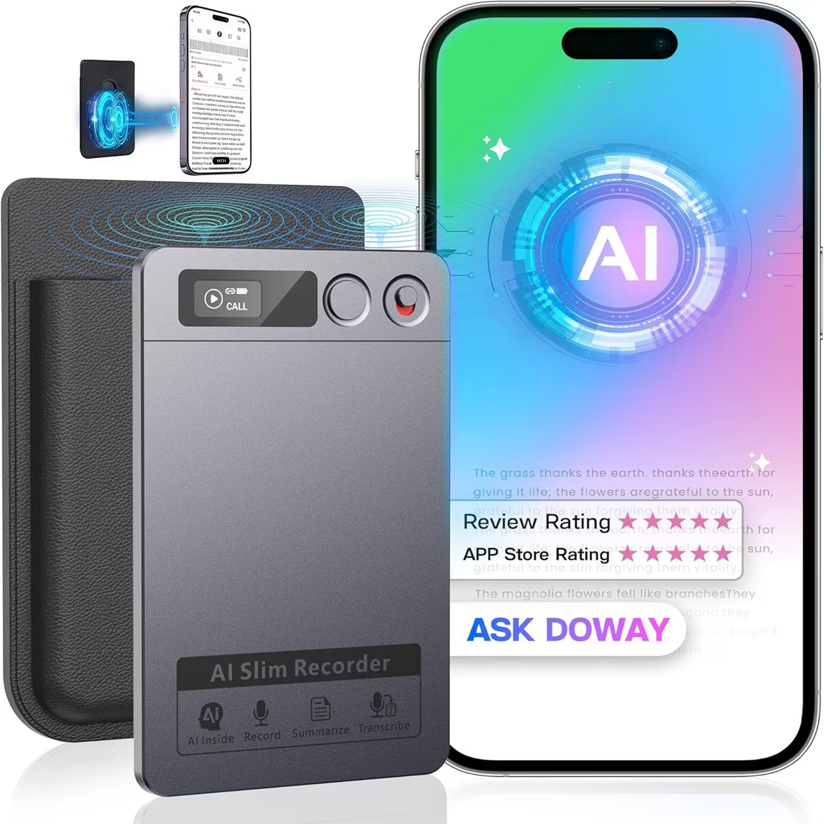 Reportofon Inteligent AI ENZIRO® cu ChatGPT, 64GB, 152+ Limbi, 30h Inregistrare Continua, 240 Zile Standby, Control prin Aplicatie, Magnetic,Gri