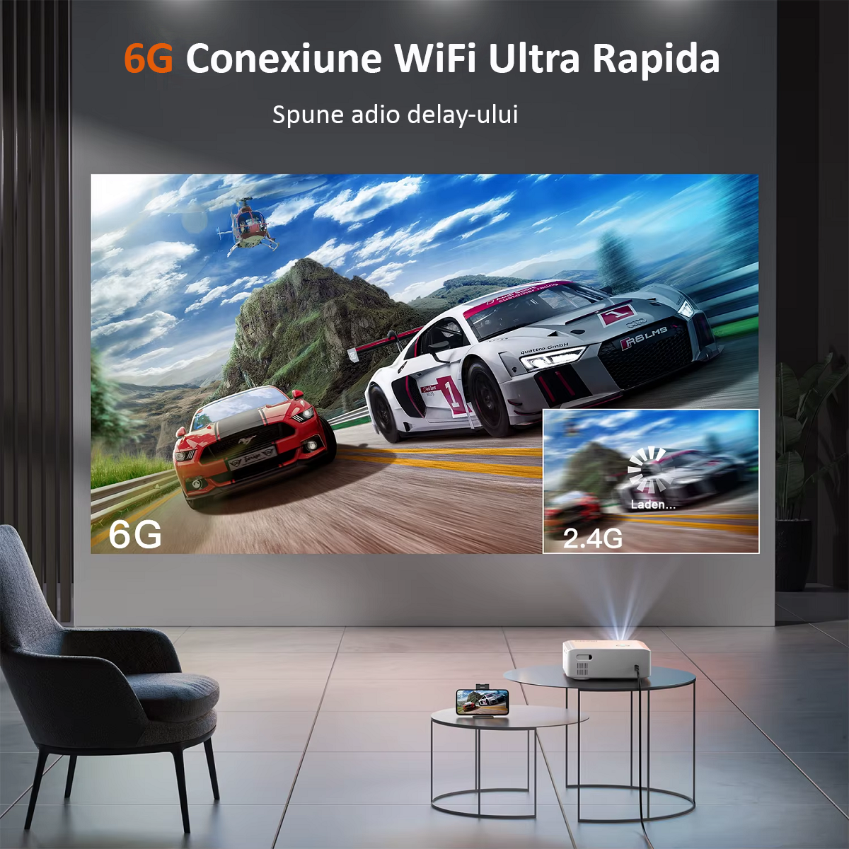 Videoproiector 4k, Auto Focus, Auto Correction, Evitarea Auto a Obstacolelor, Distanta Proiectare 1.7 – 5m, WIFI 6, Bluetooth 5.0, Airplay, Miracast