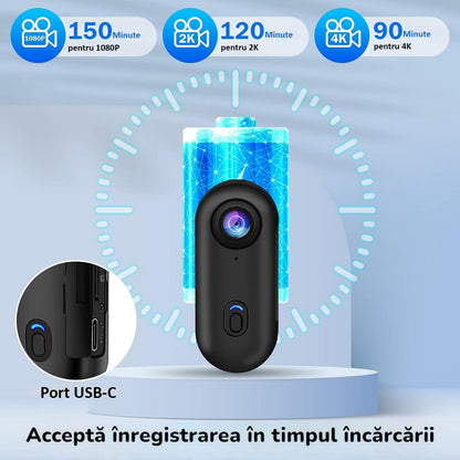 Camera Video Corporala 4K Ultra HD ENZIRO®, Rezolutie 3840*2160, Conectare WiFi, Body Cam, Unghi Larg 120º, Card Memorie Inclus 64 GB, Negru
