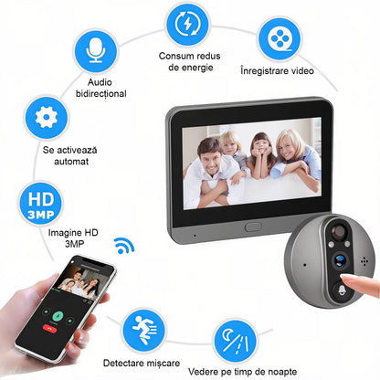 Vizor Electronic Inteligent Wi-Fi, ENZIRO®, Sonerie fara fir cu Camera 1080P HD, 3MP, Senzor Miscare, Vizualizare Nocturna 5m, Baterie 5000mAh, Gri