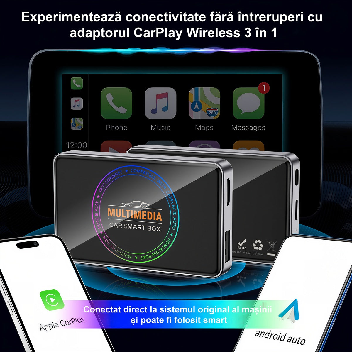 Adaptor Auto Wireless 4 in 1 Apple Carplay si Android Auto ENZIRO®, cu Netflix, YouTube, Google Store, HDMI 4K, 32GB, sistem ANDROID 12, Negru | Gri