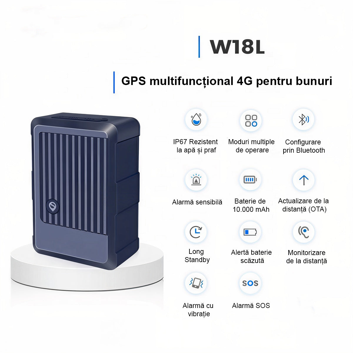 GPS Tracker Profesional ENZIRO® W18L, 4G, Localizare In Timp Real, Baterie 10000mAh, Waterproof IP67, Alerta La Parasire Zona, Alerta Depasire Viteza