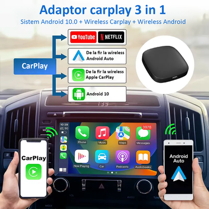 Adaptor Auto Wireless 3 in 1 Apple Carplay si Android Auto, cu Netflix, YouTube, Google Store, Wi-Fi 6 2.4 GHz + 5 GHz, 32GB, sistem ANDROID 10, Negru
