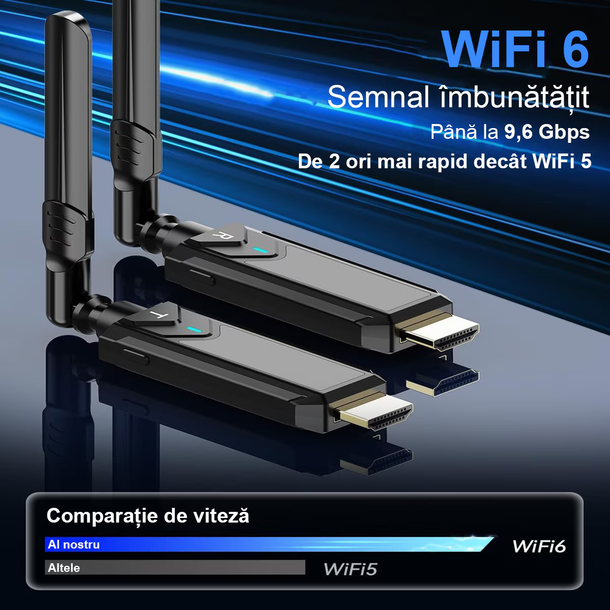 Kit Extensie HDMI Wireless 400m, TX si RX Full HD 1080P 60Hz, Plug & Play, Dual Band 2.4G/5G, cu 2 Adaptoare, pentru Streaming Audio/Video, Negru