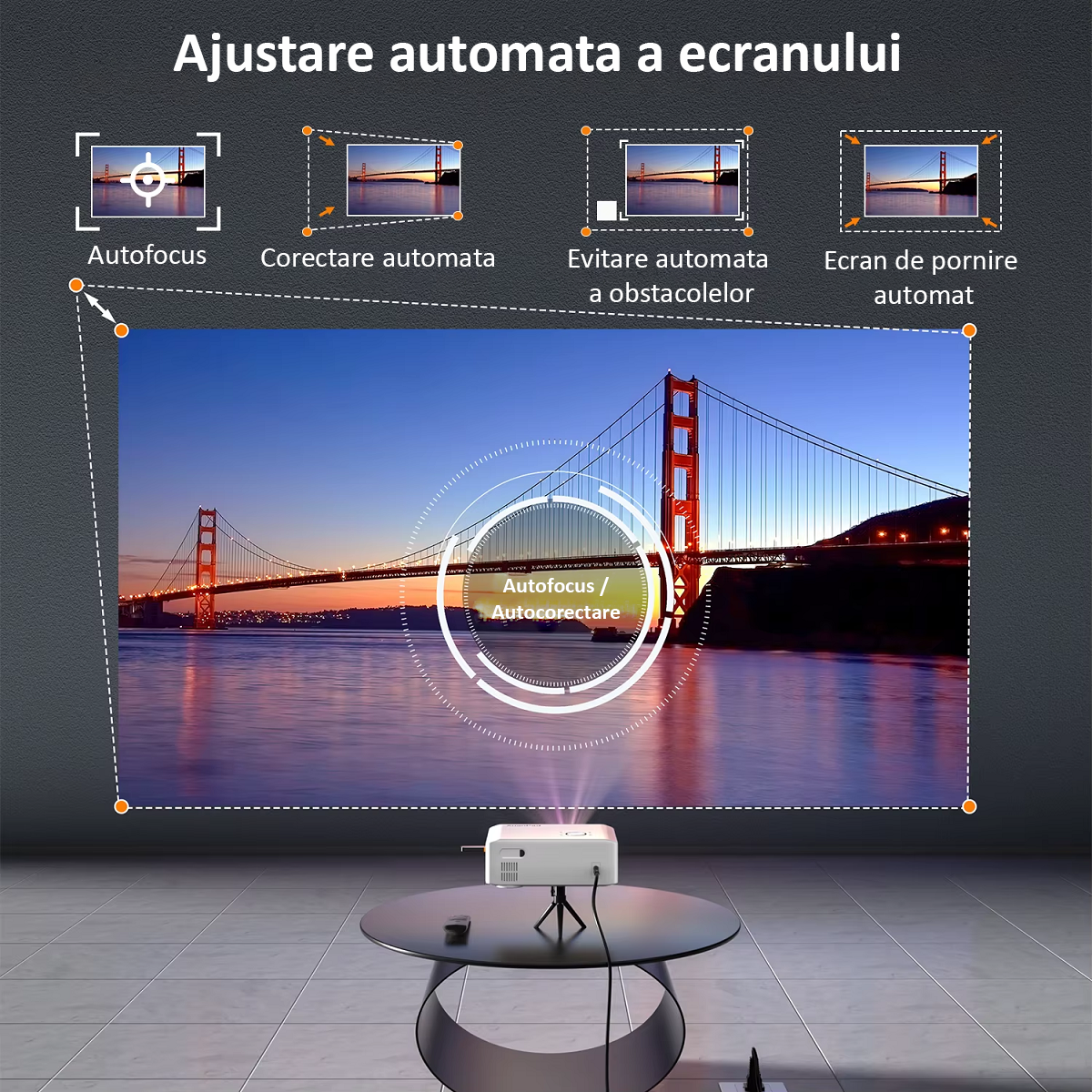 Videoproiector 4k, Auto Focus, Auto Correction, Evitarea Auto a Obstacolelor, Distanta Proiectare 1.7 – 5m, WIFI 6, Bluetooth 5.0, Airplay, Miracast