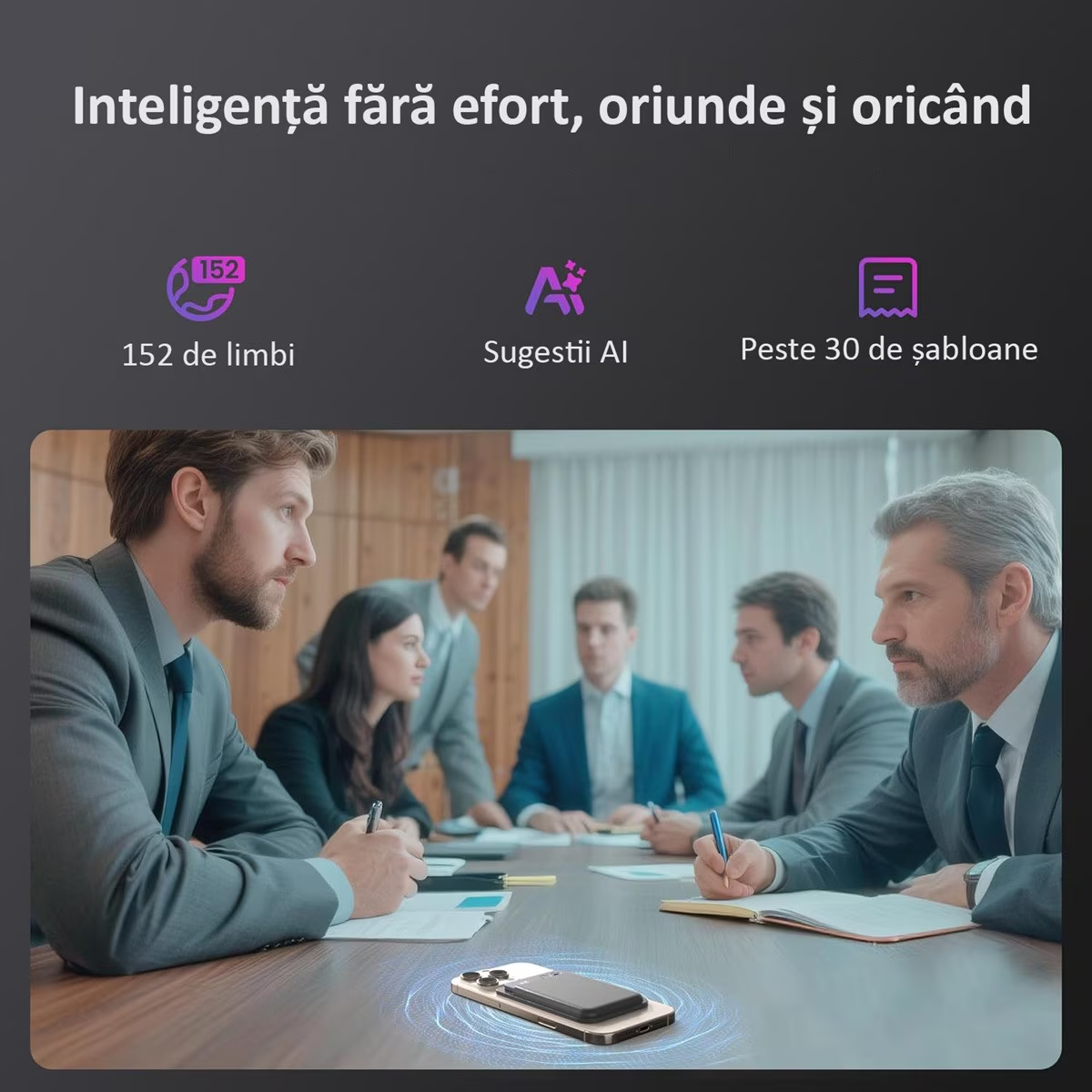 Reportofon Inteligent AI ENZIRO® cu ChatGPT, 64GB, 152+ Limbi, 30h Inregistrare Continua, 240 Zile Standby, Control prin Aplicatie, Magnetic,Gri