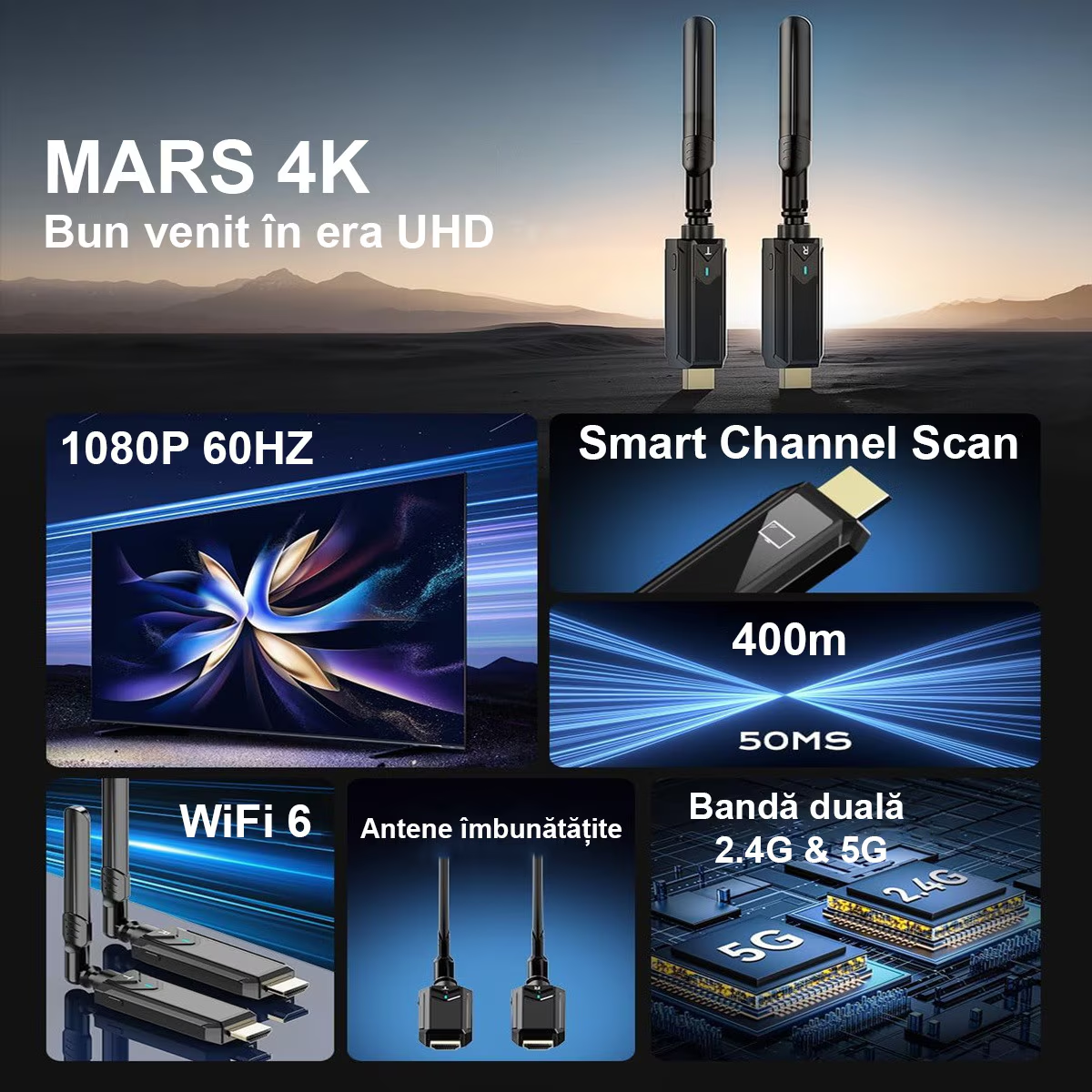 Kit Extensie HDMI Wireless 400m, TX si RX Full HD 1080P 60Hz, Plug & Play, Dual Band 2.4G/5G, cu 2 Adaptoare, pentru Streaming Audio/Video, Negru